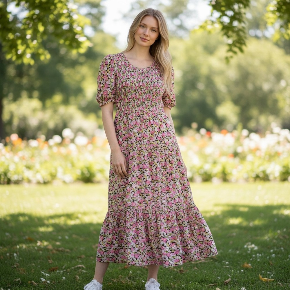 In Loom Maxi Dress Womens L Pink Floral Smocked Tiered Boho ILD4633-A